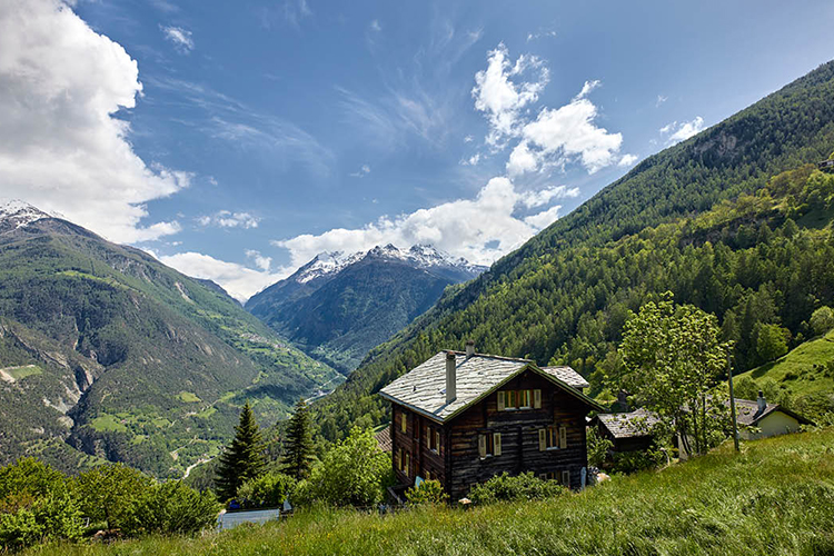 Ein traditionelles Holzhaus steht auf einer grünen Bergwiese mit Blick auf ein weites Tal und schneebedeckte Gipfel unter einem teilweise bewölkten Himmel.