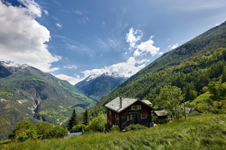 Casa tradizionale in legno su un prato alpino verde con vista sulla valle e sulle cime innevate.
