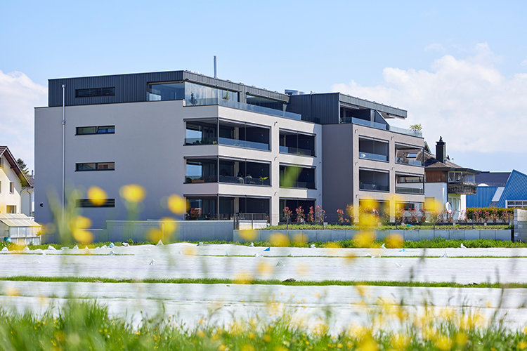 Ein moderner Wohnkomplex mit grossen Balkonen steht vor einer Wiese mit gelben Blumen, umgeben von weiteren Häusern und unter einem hellen Himmel.