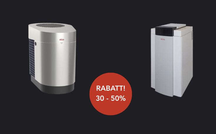 Zwei ELCO Wärmepumpen auf schwarzem Hintergrund mit Rabatt Schild 