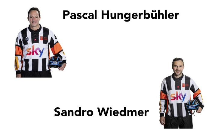 Eishockey-Schiedsrichter Pascal Hungerbühler & Sandro Wiedmer in offizieller Ausrüstung auf weissem Hintergrund