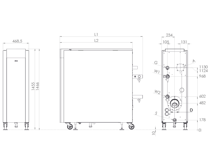 Disegno tecnico con le dimensioni della TRIGON XL 150, 200 e 250