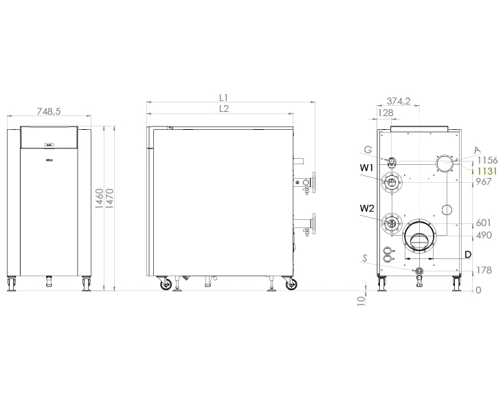 Disegno tecnico con le dimensioni della TRIGON XL 300, 400, 500 e 570