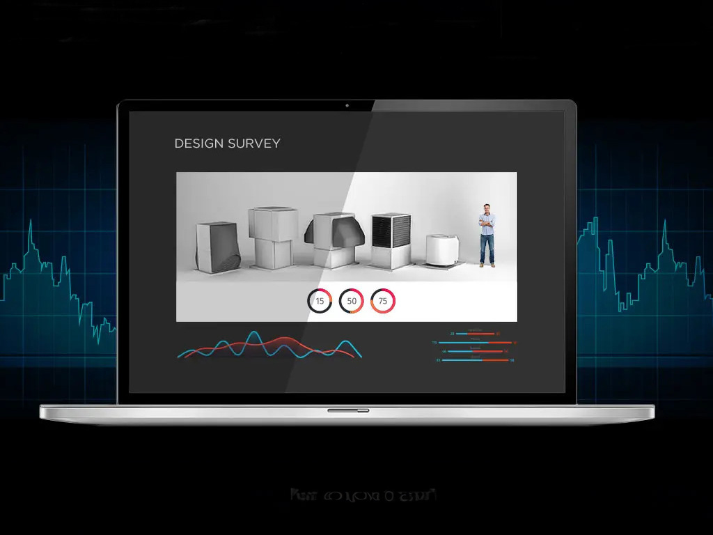 Schermo di un laptop con un sondaggio di design che illustra diversi modelli di termopompa che riporta diagrammi e statistiche.