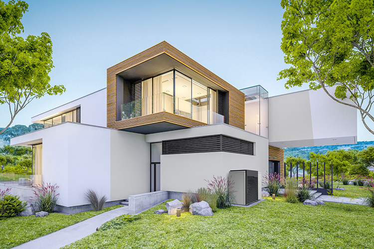 Modernes zweistöckiges Einfamilienhaus mit einer Wärmepumpe im Vorgarten