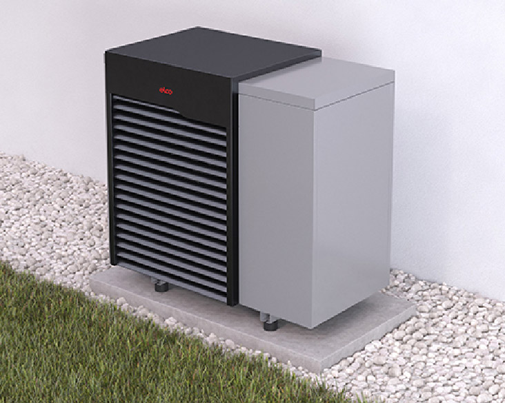 AEROTOP SX steht an einer Hauswand auf einem Flächenfundament, umgeben von Gras und Kiessteinen