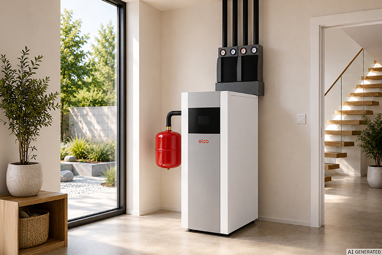 Bodenstehende ELCO Ölheizung mit Ausdehnungsgefäss in einem modernen Technikraum eines Wohnhauses.